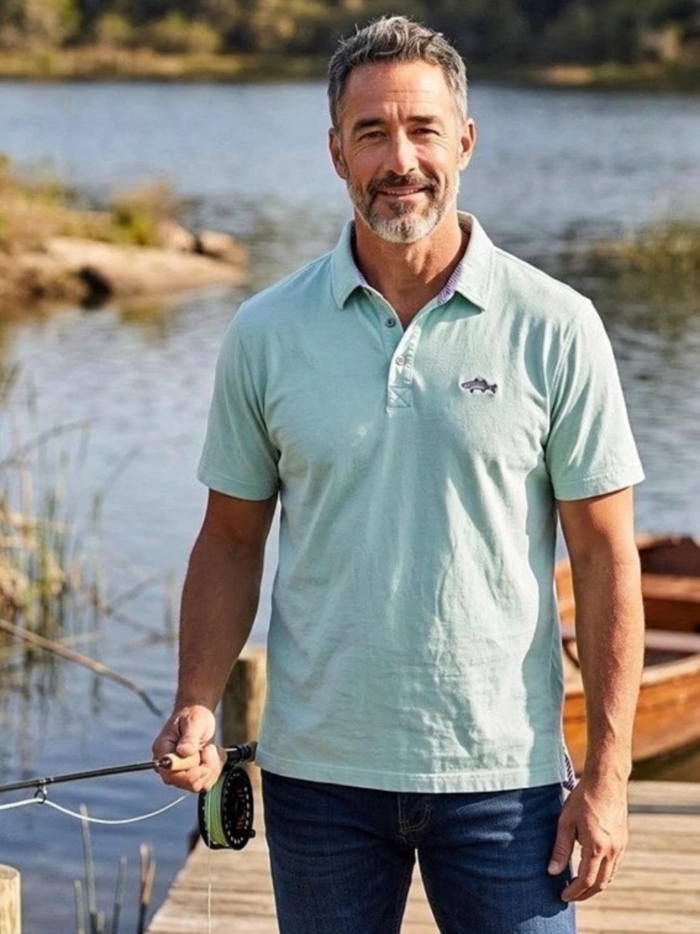 Orvis Men’s Blue Cotton Trout Logo Angler Polo Shirt Size Medium EUC